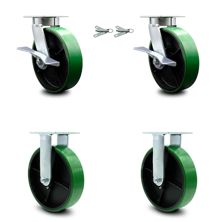 Service Caster 8 Inch Kingpinless Green Poly on Steel Caster Brake & Swivel Lock 2 Rigid, 2PK SCC-KP30S820-PUR-GB-SLB-BSL-2-R-2